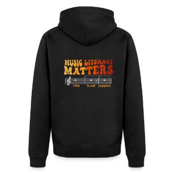 Music Literacy Matters, I Like To Eat Puppies - Unisex Premium Organic Zip Hoodie - black - Back - Nico (187cm)