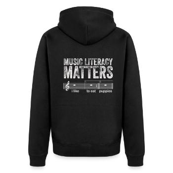 Music Literacy Matters, I Like To Eat Puppies - Unisex Premium Organic Zip Hoodie - black - Back - Nico (187cm)