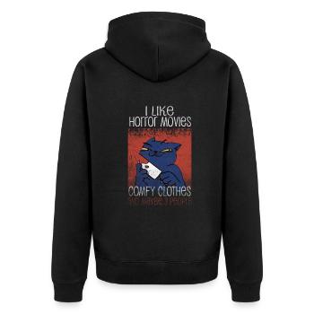 Ich mag Horrorfilme bequeme Kleidung - Unisex Premium Bio Zip Hoodie - Schwarz - Hinten - Nico (187cm)