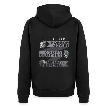 Ich mag Horrorfilme, bequeme Kleidung - Unisex Premium Bio Zip Hoodie - Schwarz - Hinten - Nico (187cm)