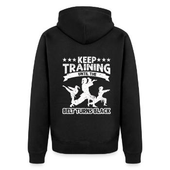 Trainiere weiter, bis der Gürtel schwarz wird - Unisex Premium Bio Zip Hoodie - Schwarz - Hinten - Nico (187cm)