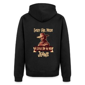 Jedes Mädchen braucht einen kleinen Riss in ihrer Jeans - Unisex Premium Bio Zip Hoodie - Schwarz - Hinten - Nico (187cm)