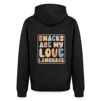 Snacks sind meine Liebessprache - Unisex Premium Bio Zip Hoodie - Schwarz - Hinten - Nico (187cm)