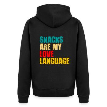 Snacks sind meine Liebessprache - Unisex Premium Bio Zip Hoodie - Schwarz - Hinten - Nico (187cm)
