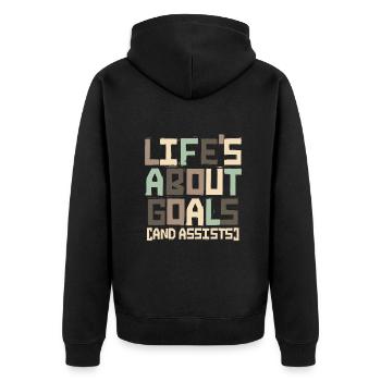 Im Leben geht es um Tore und Assists im Fußball - Unisex Premium Bio Zip Hoodie - Schwarz - Hinten - Nico (187cm)
