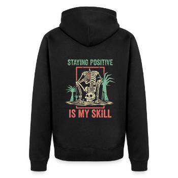 Positiv zu bleiben ist meine Kunst - Unisex Premium Bio Zip Hoodie - Schwarz - Hinten - Nico (187cm)