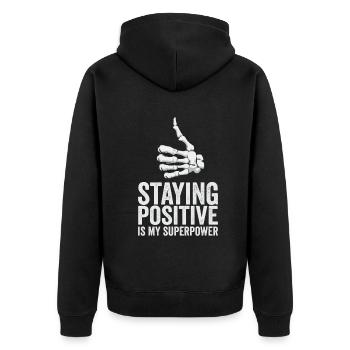 Positiv zu bleiben ist meine Superkraft - Unisex Premium Bio Zip Hoodie - Schwarz - Hinten - Nico (187cm)