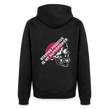 Positiv zu bleiben ist meine Superkraft - Unisex Premium Bio Zip Hoodie - Schwarz - Hinten - Nico (187cm)