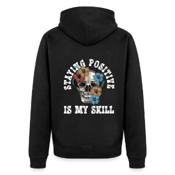 Positiv zu bleiben ist meine Kunst - Unisex Premium Bio Zip Hoodie - Schwarz - Hinten - Nico (187cm)