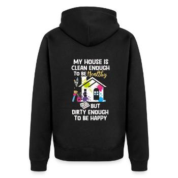 Mein Haus ist sauber genug, um gesund zu sein - Unisex Premium Bio Zip Hoodie - Schwarz - Hinten - Nico (187cm)