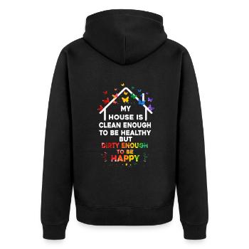Mein Haus ist sauber genug, um gesund zu sein - Unisex Premium Bio Zip Hoodie - Schwarz - Hinten - Nico (187cm)