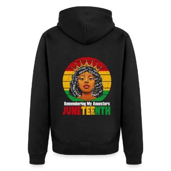 Juneteenth 1865 Gedenken an meine Vorfahren - Unisex Premium Bio Zip Hoodie - Schwarz - Hinten - Nico (187cm)