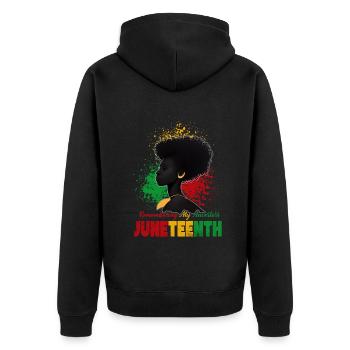 Juneteenth 1865 Gedenken an meine Vorfahren - Unisex Premium Bio Zip Hoodie - Schwarz - Hinten - Nico (187cm)