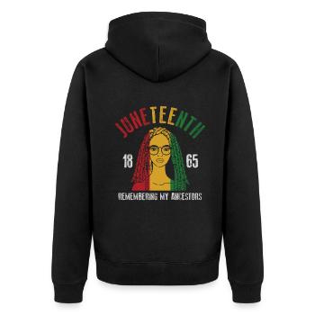 Juneteenth 1865 Gedenken an meine Vorfahren - Unisex Premium Bio Zip Hoodie - Schwarz - Hinten - Nico (187cm)