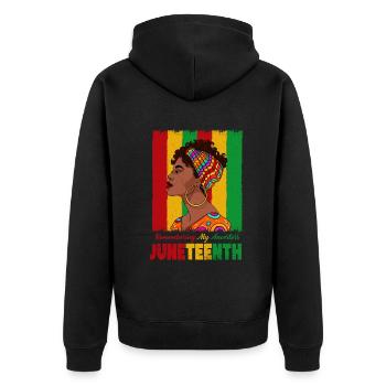 Juneteenth 1865 Gedenken an meine Vorfahren - Unisex Premium Bio Zip Hoodie - Schwarz - Hinten - Nico (187cm)