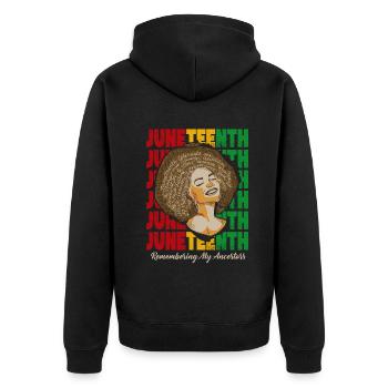 Juneteenth 1865 Gedenken an meine Vorfahren - Unisex Premium Bio Zip Hoodie - Schwarz - Hinten - Nico (187cm)