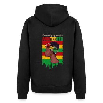 Juneteenth 1865 Gedenken an meine Vorfahren - Unisex Premium Bio Zip Hoodie - Schwarz - Hinten - Nico (187cm)