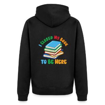 Ich habe mein Buch geschlossen, um hier zu sein Bücherwurm lustiger Spruch - Unisex Premium Bio Zip Hoodie - Schwarz - Hinten - Nico (187cm)