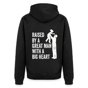Aufgewachsen von einem großen Mann mit einem großen Herzen Vatertag - Unisex Premium Bio Zip Hoodie - Schwarz - Hinten - Nico (187cm)