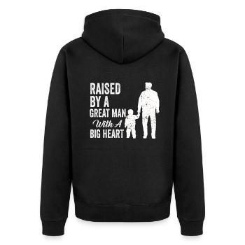 Aufgewachsen von einem großen Mann mit einem großen Herzen Vatertag - Unisex Premium Bio Zip Hoodie - Schwarz - Hinten - Nico (187cm)