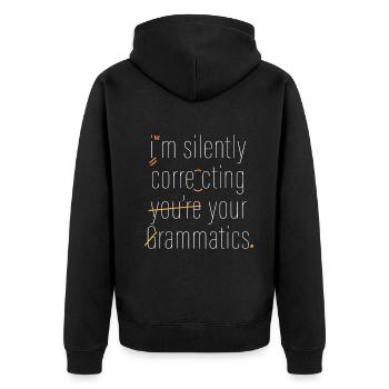 Ich korrigiere stillschweigend deine Grammatik - Unisex Premium Bio Zip Hoodie - Schwarz - Hinten - Nico (187cm)