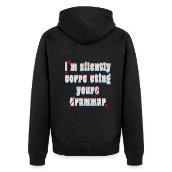 Ich korrigiere stillschweigend deine Grammatik - Unisex Premium Bio Zip Hoodie - Schwarz - Hinten - Nico (187cm)