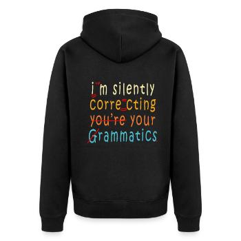 Ich korrigiere stillschweigend deine Grammatik - Unisex Premium Bio Zip Hoodie - Schwarz - Hinten - Nico (187cm)