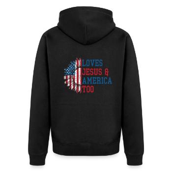 Loves Jesus and America Too God Christian - Unisex Premium Organic Zip Hoodie - black - Back - Nico (187cm)