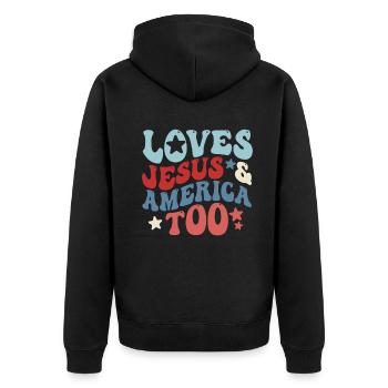 Loves Jesus and America Too God Christian - Unisex Premium Organic Zip Hoodie - black - Back - Nico (187cm)