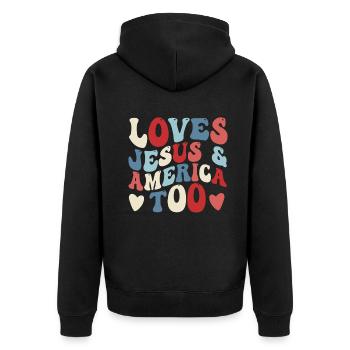 Loves Jesus and America Too God Christian - Unisex Premium Organic Zip Hoodie - black - Back - Nico (187cm)