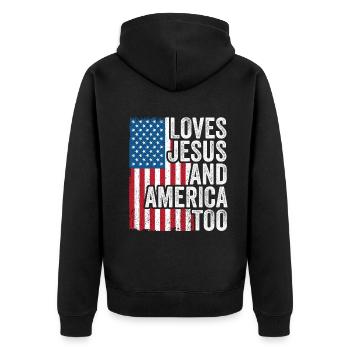 Loves Jesus and America Too God Christian - Unisex Premium Organic Zip Hoodie - black - Back - Nico (187cm)