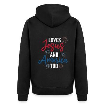 Loves Jesus and America Too God Christian - Unisex Premium Organic Zip Hoodie - black - Back - Nico (187cm)
