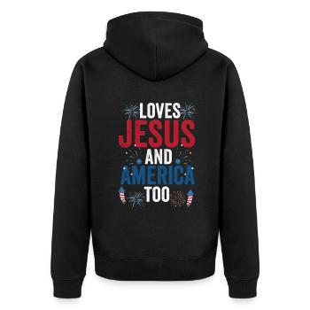 Loves Jesus and America Too God Christian - Unisex Premium Organic Zip Hoodie - black - Back - Nico (187cm)