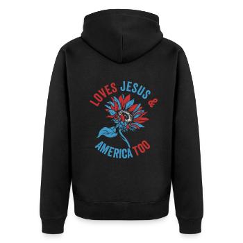 Loves Jesus and America Too God Christian - Unisex Premium Organic Zip Hoodie - black - Back - Nico (187cm)
