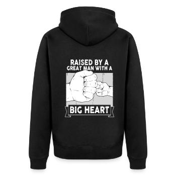 Aufgezogen von einem großen Mann mit einem großen Herzen Vatertag - Unisex Premium Bio Zip Hoodie - Schwarz - Hinten - Nico (187cm)