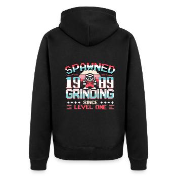 Spawned 1989 Grinding Since Level One Funny Gamer - Unisex Premium Bio Zip Hoodie - Schwarz - Hinten - Nico (187cm)