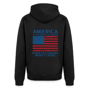 Amerika: Ein Land, das so großartig ist, dass die USA patriotisch sind - Unisex Premium Bio Zip Hoodie - Schwarz - Hinten - Nico (187cm)