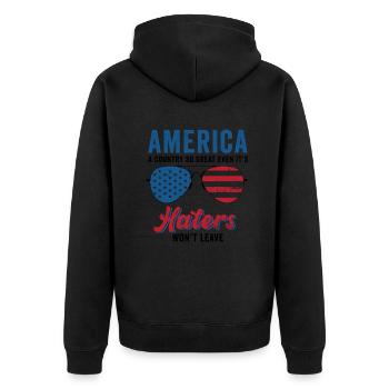 Amerika: Ein Land, das so großartig ist, dass die USA patriotisch sind - Unisex Premium Bio Zip Hoodie - Schwarz - Hinten - Nico (187cm)