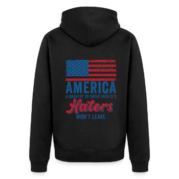 Amerika: Ein Land, das so großartig ist, dass die USA patriotisch sind - Unisex Premium Bio Zip Hoodie - Schwarz - Hinten - Nico (187cm)