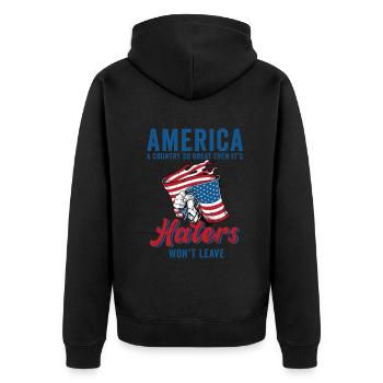Amerika: Ein Land, das so großartig ist, dass die USA patriotisch sind - Unisex Premium Bio Zip Hoodie - Schwarz - Hinten - Nico (187cm)