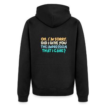 Gleichgültigkeit, Sarkasmus, andere Haltung - Unisex Premium Bio Zip Hoodie - Schwarz - Hinten - Nico (187cm)