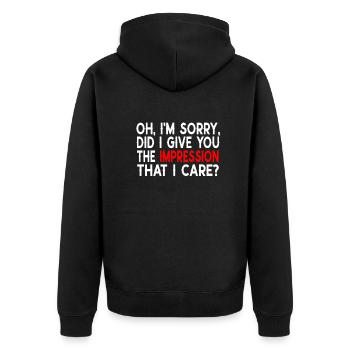 Gleichgültigkeit, Sarkasmus, andere Haltung - Unisex Premium Bio Zip Hoodie - Schwarz - Hinten - Nico (187cm)