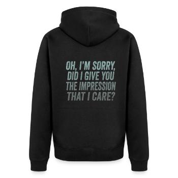 Gleichgültigkeit, Sarkasmus, andere Haltung - Unisex Premium Bio Zip Hoodie - Schwarz - Hinten - Nico (187cm)