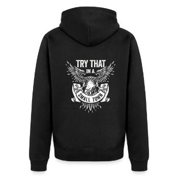 Versuchen Sie das in einer Kleinstadt American Flag Eagle - Unisex Premium Bio Zip Hoodie - Schwarz - Hinten - Nico (187cm)