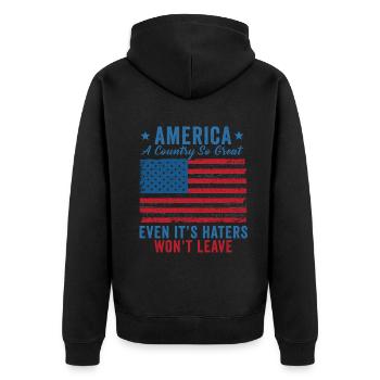 Amerika: Ein Land, das so großartig ist, dass die USA patriotisch sind - Unisex Premium Bio Zip Hoodie - Schwarz - Hinten - Nico (187cm)