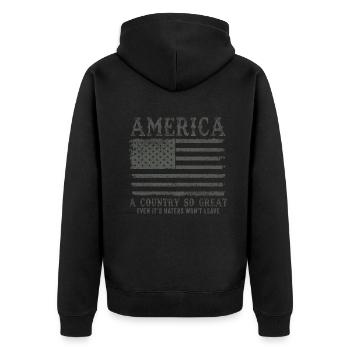 Amerika: Ein Land, das so großartig ist, dass die USA patriotisch sind - Unisex Premium Bio Zip Hoodie - Schwarz - Hinten - Nico (187cm)