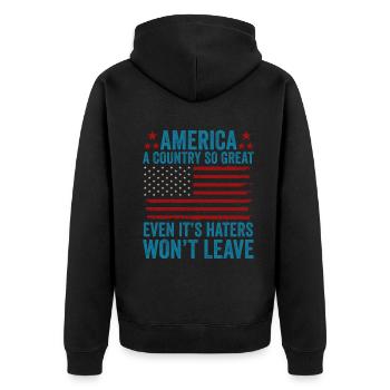 Amerika: Ein Land, das so großartig ist, dass die USA patriotisch sind - Unisex Premium Bio Zip Hoodie - Schwarz - Hinten - Nico (187cm)