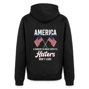 Amerika: Ein Land, das so großartig ist, dass die USA patriotisch sind - Unisex Premium Bio Zip Hoodie - Schwarz - Hinten - Nico (187cm)