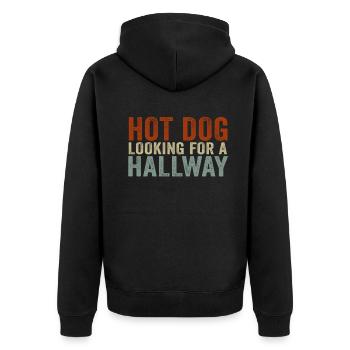 Hot Dog auf der Suche nach einem Flur - Unisex Premium Bio Zip Hoodie - Schwarz - Hinten - Nico (187cm)