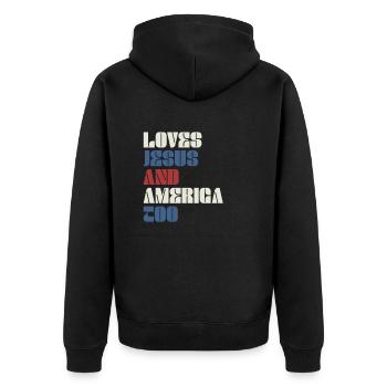 Loves Jesus and America Too God Christian - Unisex Premium Organic Zip Hoodie - black - Back - Nico (187cm)